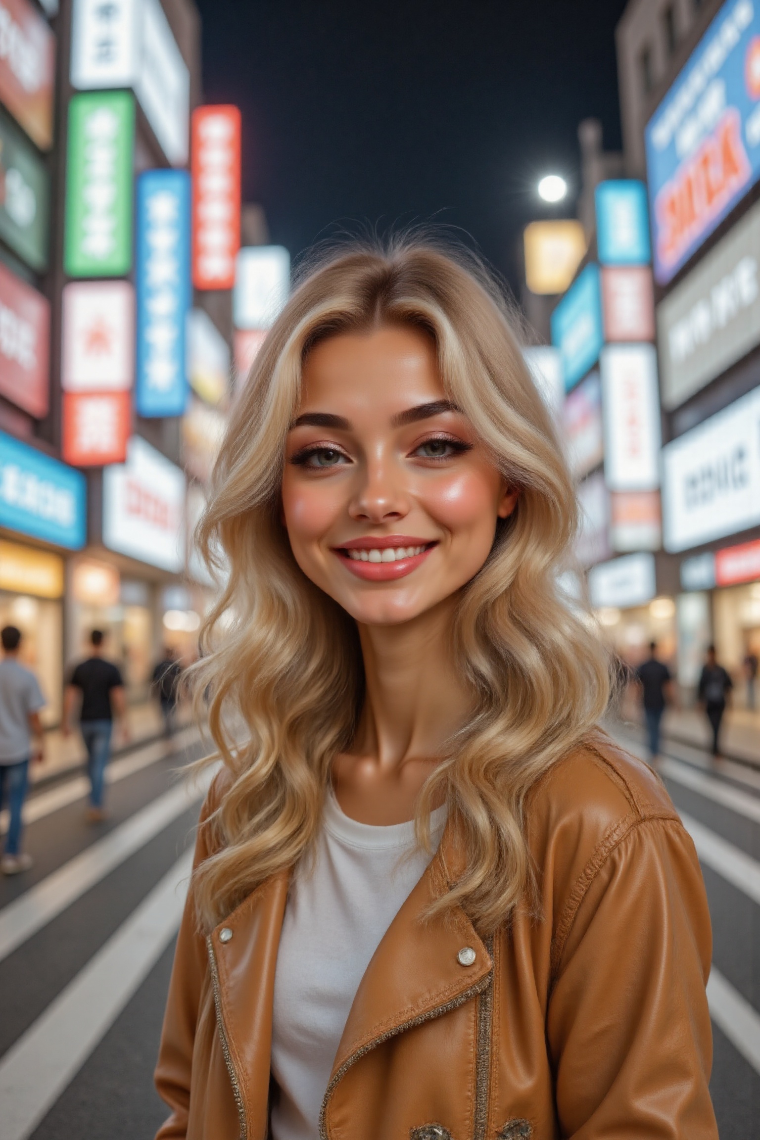 A close-up photo captures a blonde teenager in modern streetwear,  smiling warmly under the vibrant LED glow of neon billb...