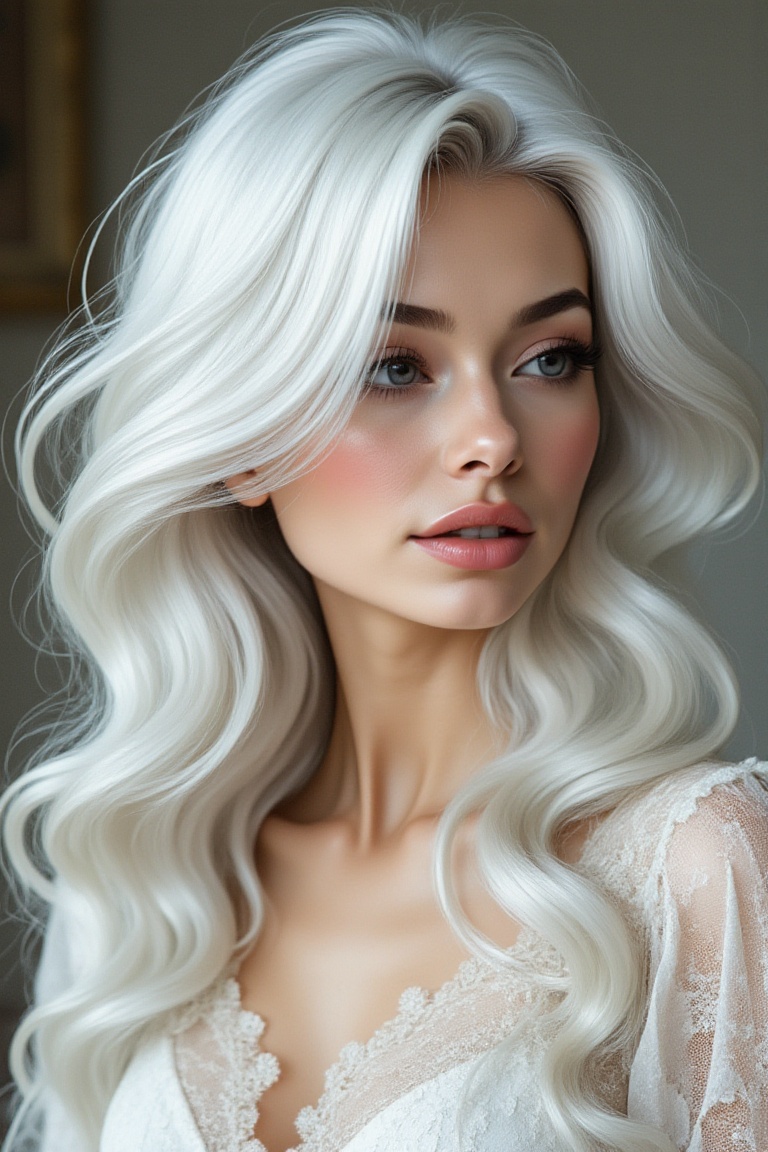 A close-up shot of a snow-white-haired woman with delicate features and long,  fluffed-out hair. Her expressive,  large ey...