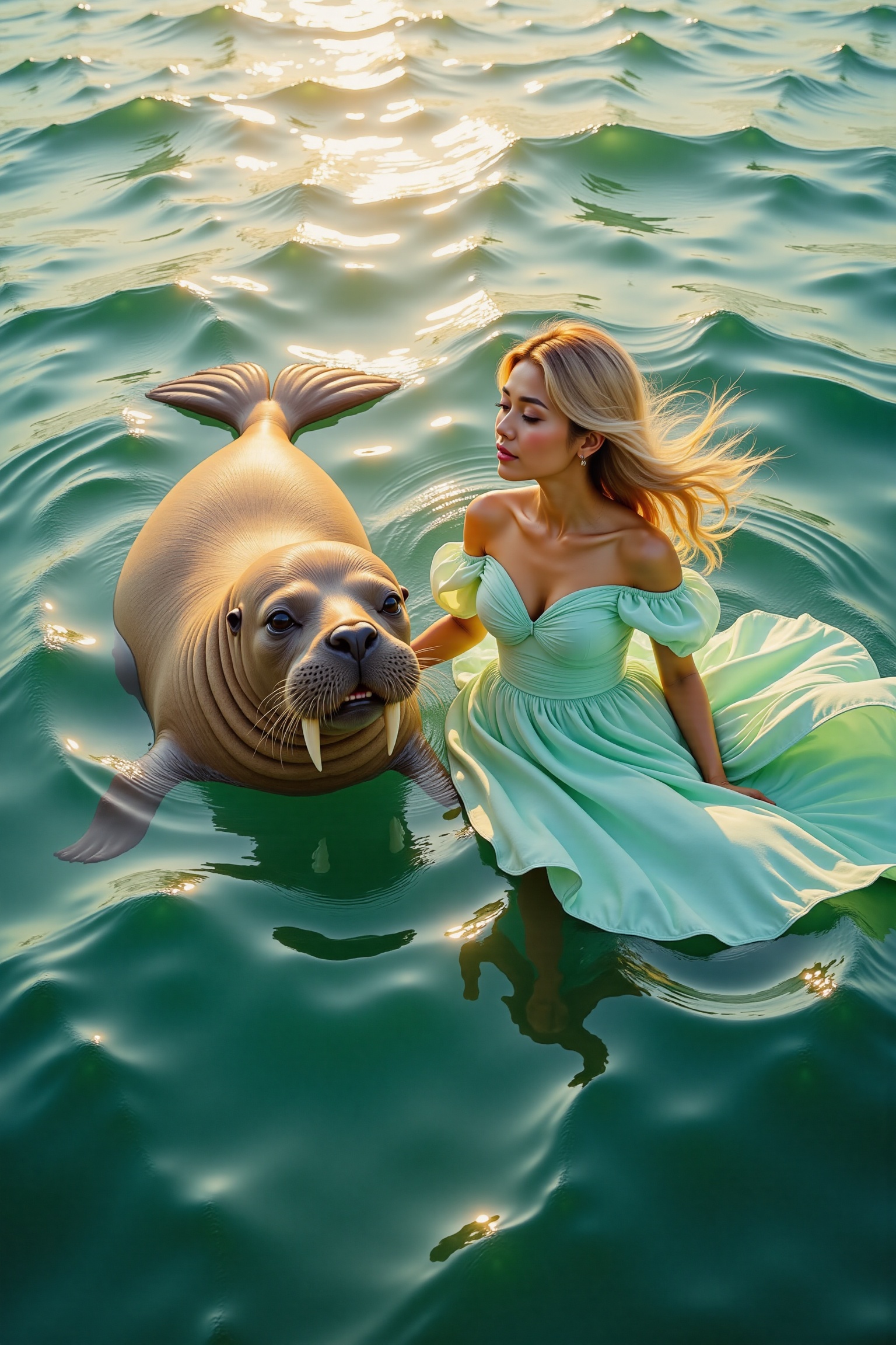 A stunning photograph frames an elegant blonde woman in a flowing,  sea-foam green dress,  floating gracefully alongside a...