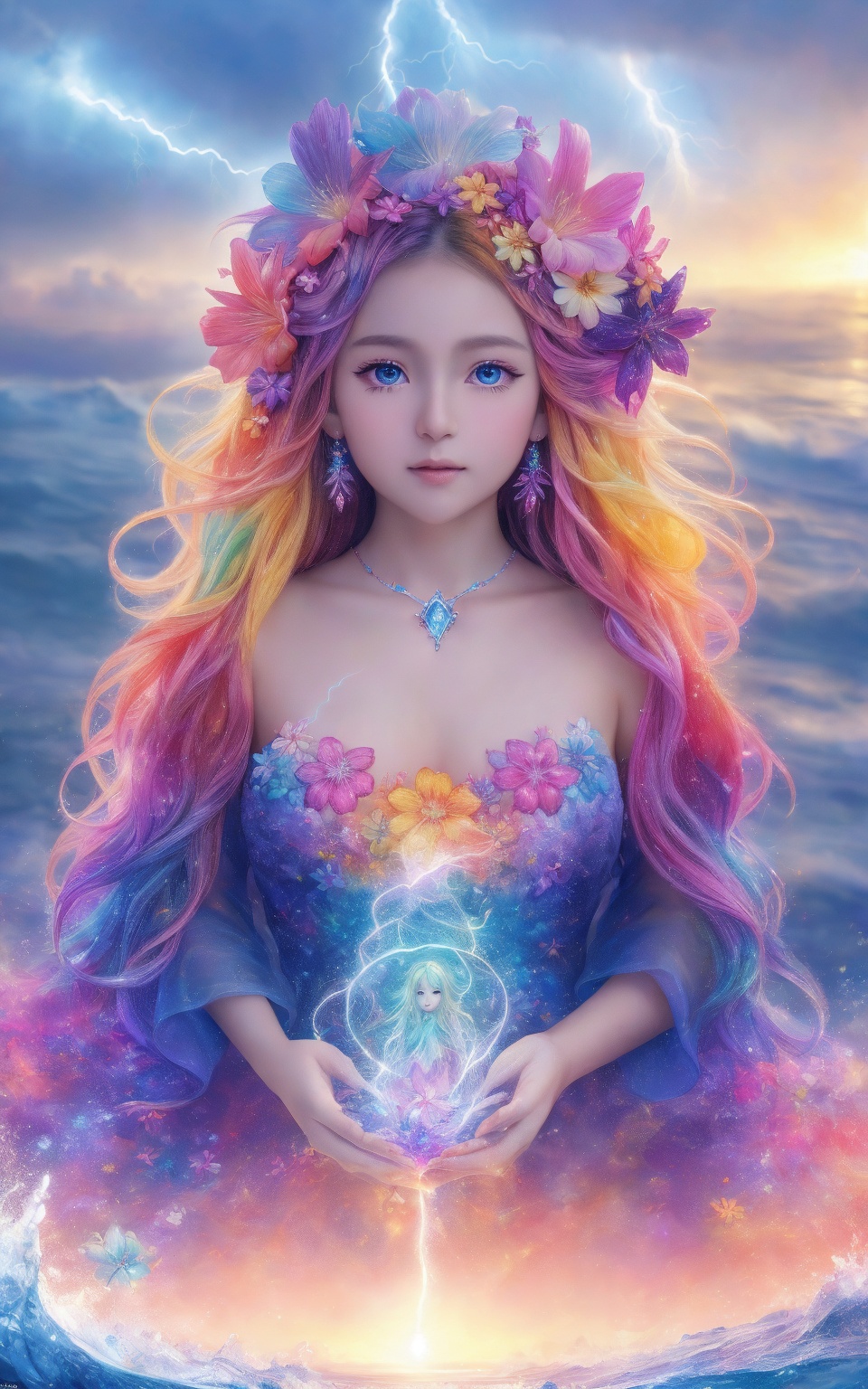 A breathtaking masterpiece of abstract fractal art,  showcasing a stunning 1-girl protagonist,  stands at the center of th...