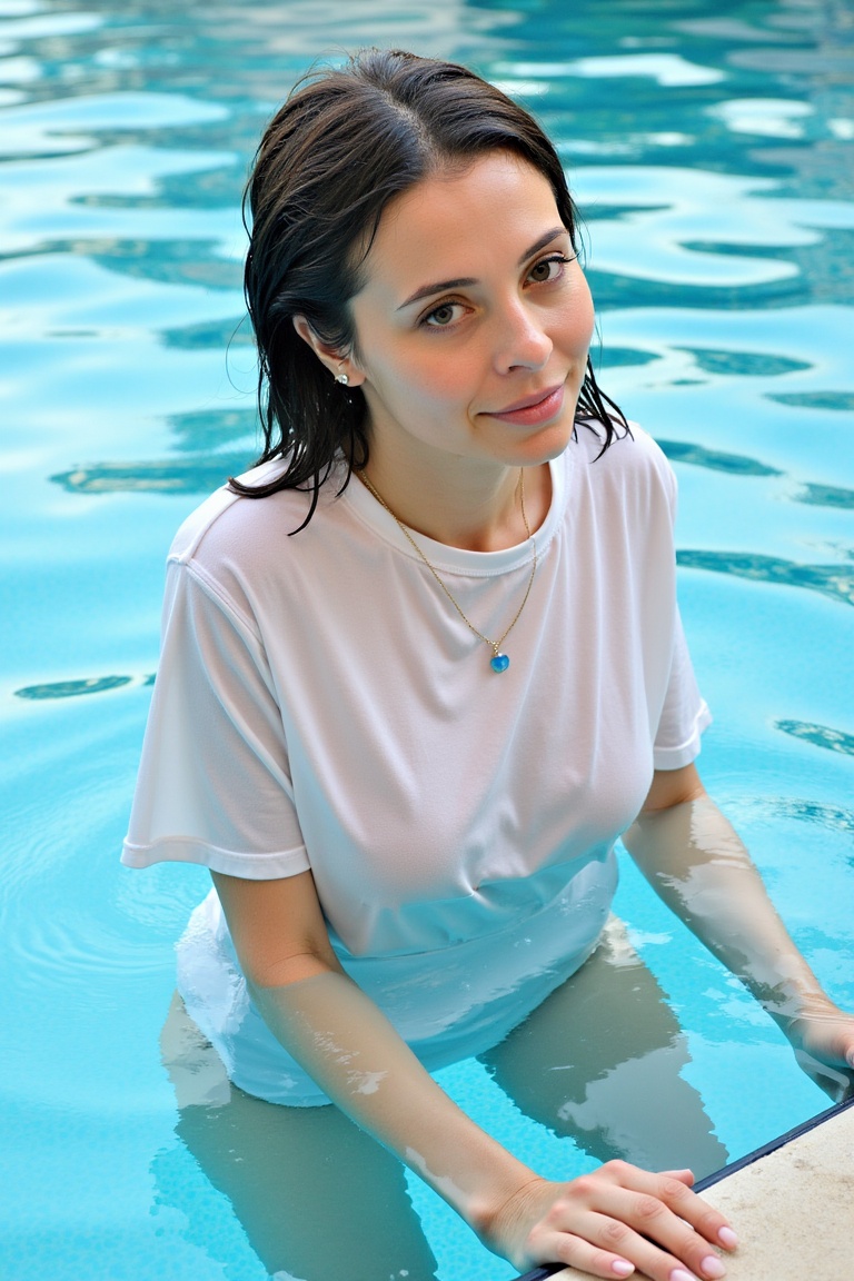 a photo of a woman with wet brown hair,  climbing out of a swimming pool,  wearing a wet tshirt on Tensor.Art