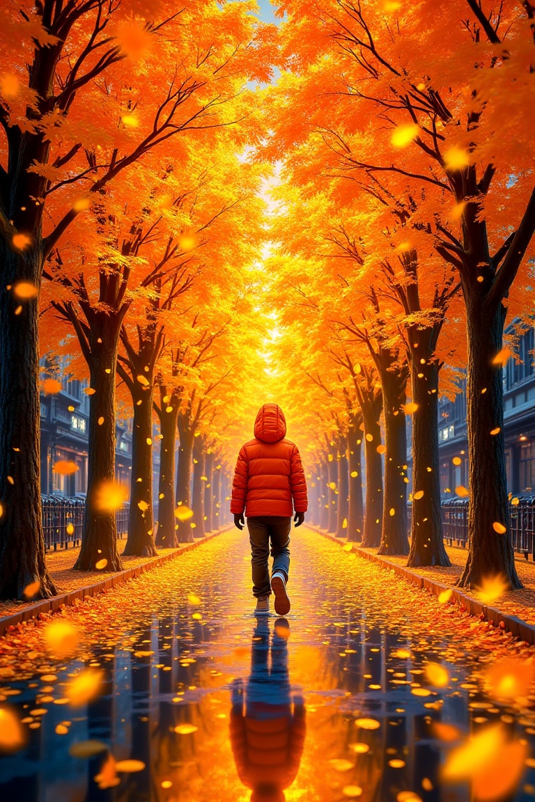 magicalwalkstyle,  Zenitsu Agatsuma,  autumn trees with falling golden leaves on Tensor.Art