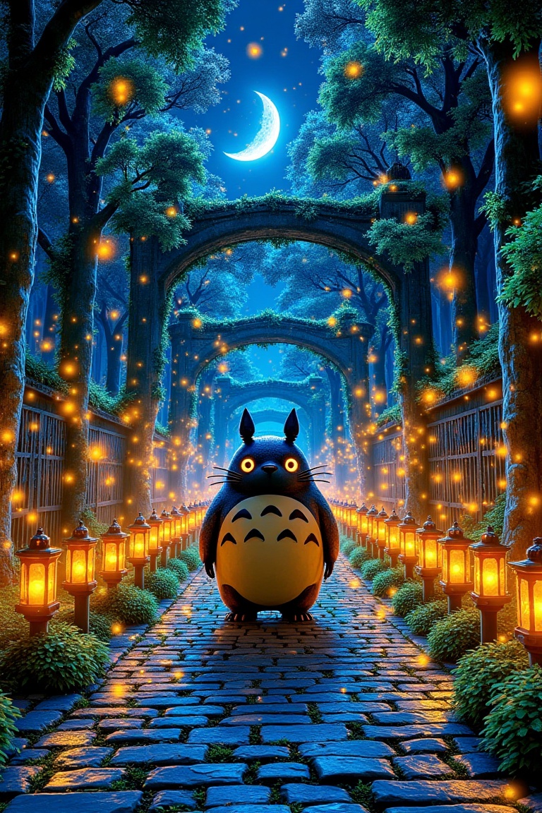 magicalwalkstyle,  Totoro,  ancient forest with glowing lanterns on Tensor.Art