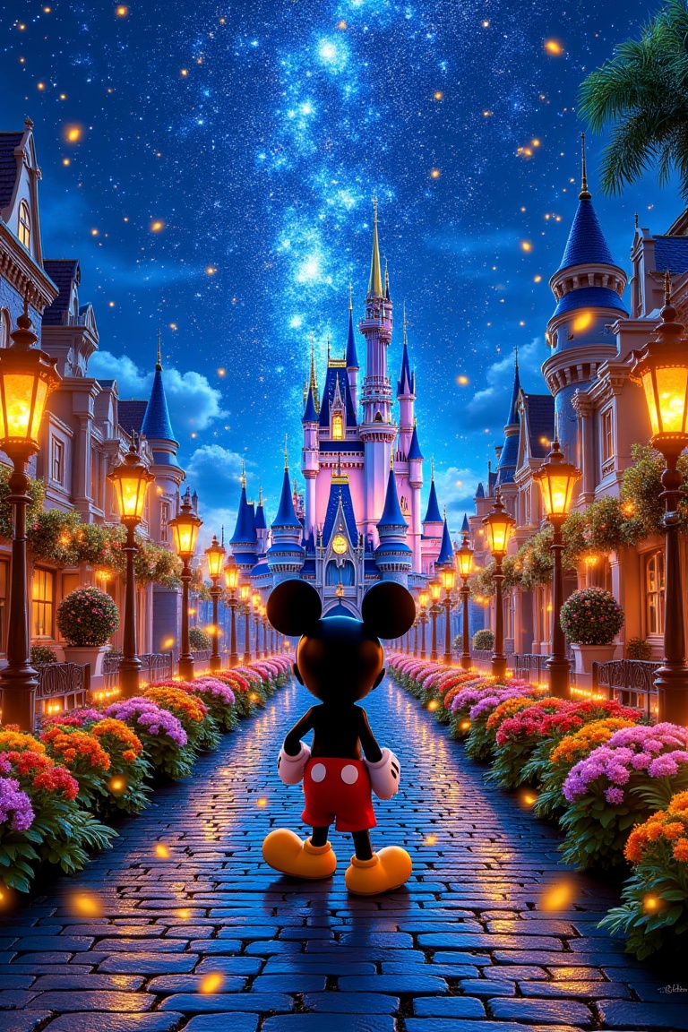 magicalwalkstyle,  Mickey Mouse,  fantasy street with glowing lanterns on Tensor.Art