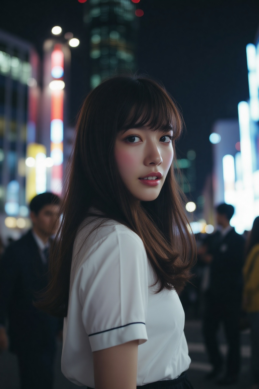 andrewloomis1 painting. A 1990s young Japanese woman,  shown in side profile,  stands outdoors at night. She has long on T...