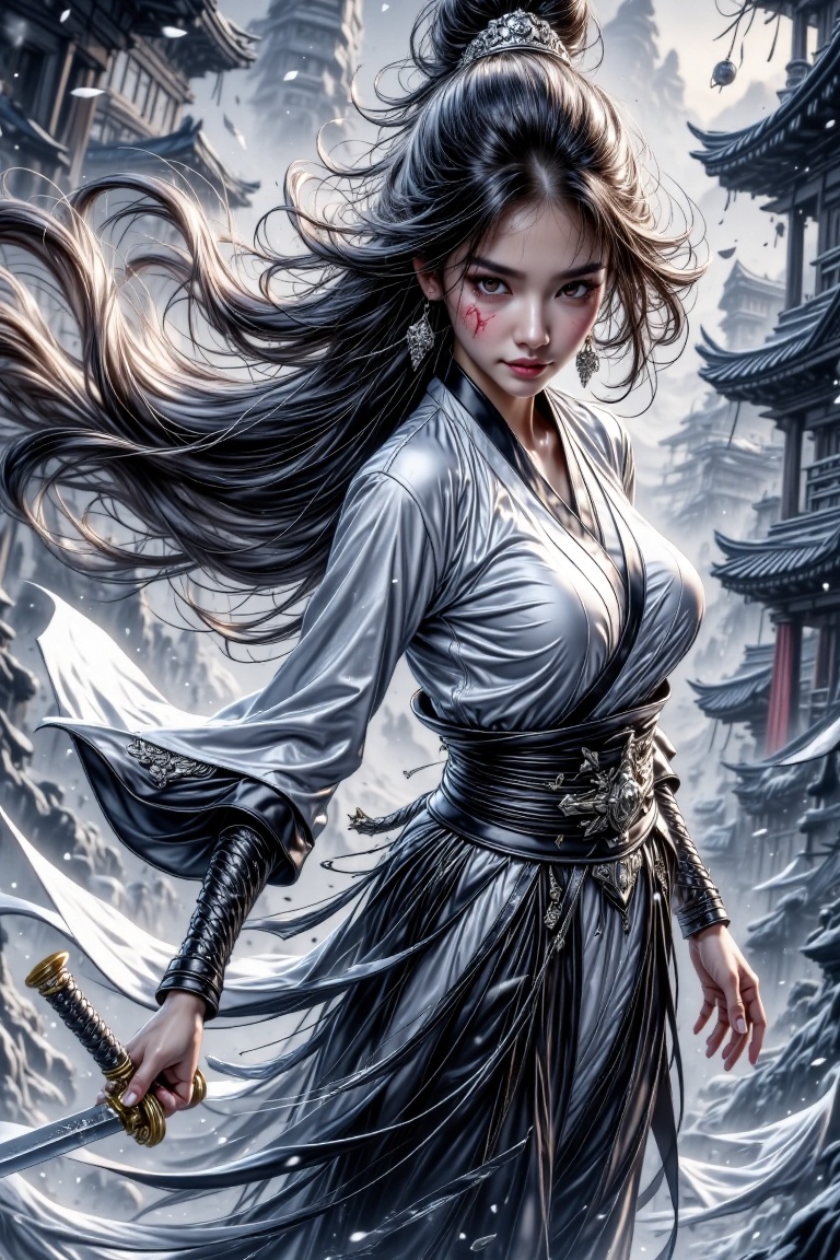 stunning female warrior in silver and black kimono holding a katana,  snow falling,  ancient East Asian buildings on Tenso...