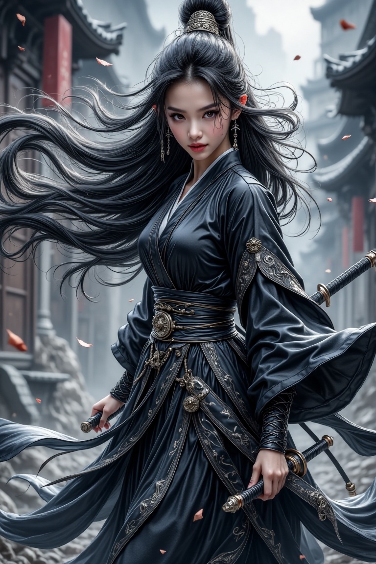 a fierce female swordswoman standing in a ruined Chinese village,  long black flowing hair,  black hanfu with silver silk...