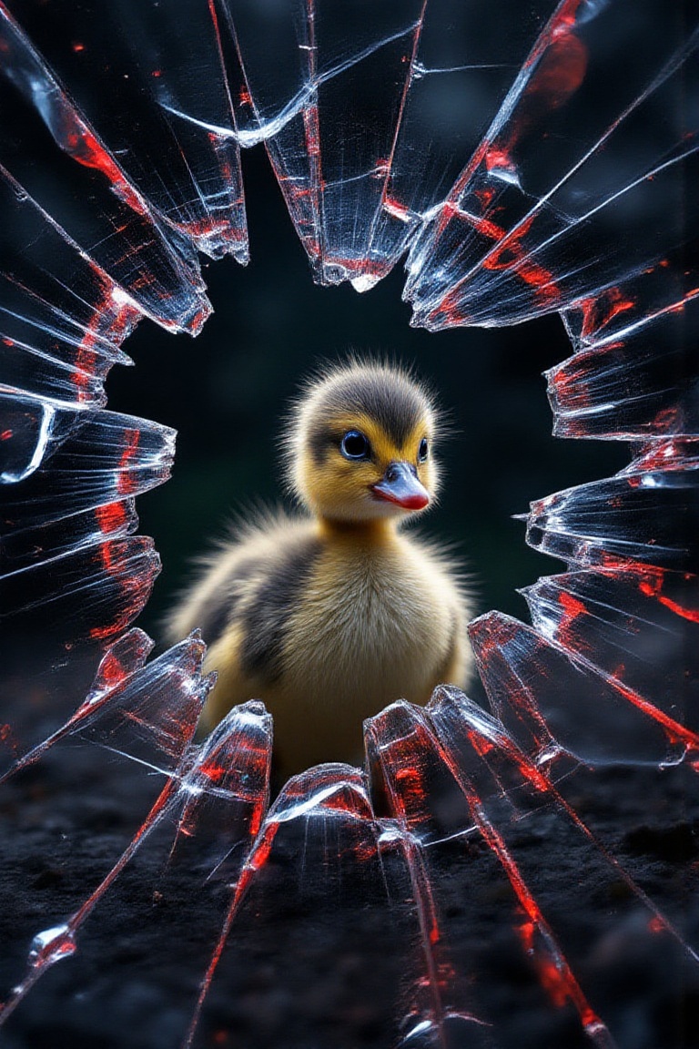 Through the cracked glass,  you can see a duckling approaching the viewer,  which distorts time on Tensor.Art