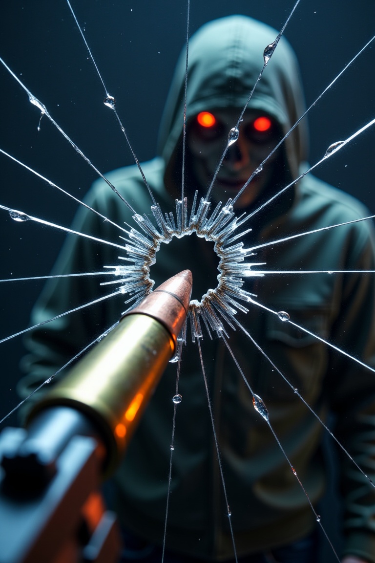 As a result of the kinetic impact of a copper bullet fired from a firearm against a glass barrier,  the latter collapses....