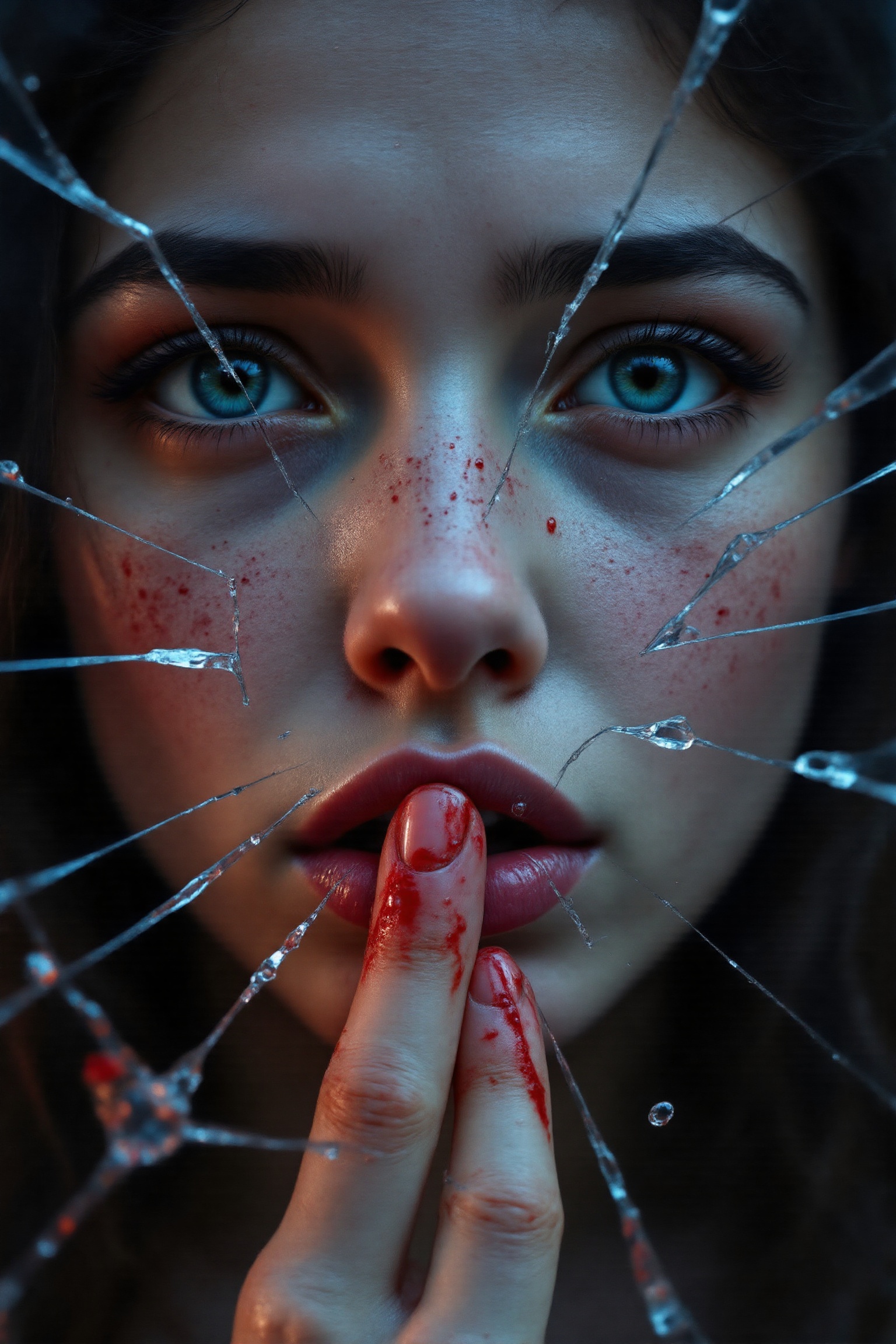 Through the cracked glass,  the Girl's face is visible in close-up. She's crying,  tears running down her cheeks. She blow...