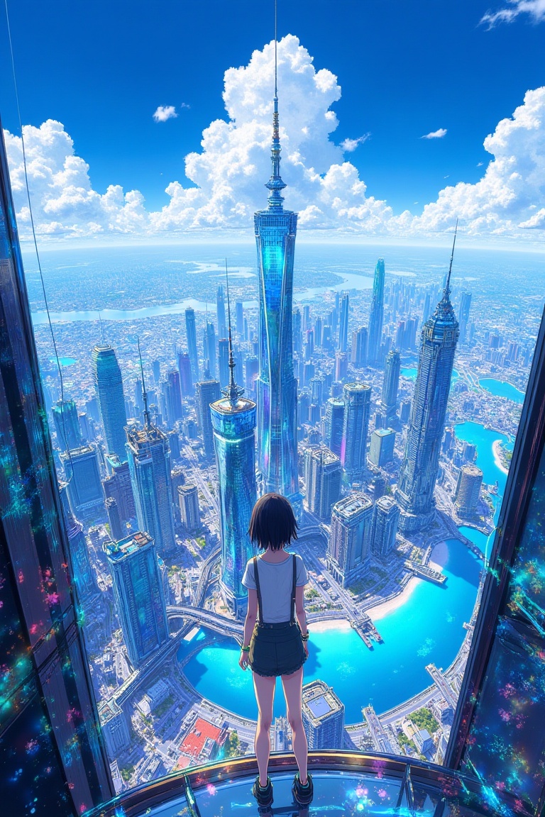skyline_view_style,  anime girl with short black hair standing on a high-rise rooftop,  surrounded by futuristic towers an...