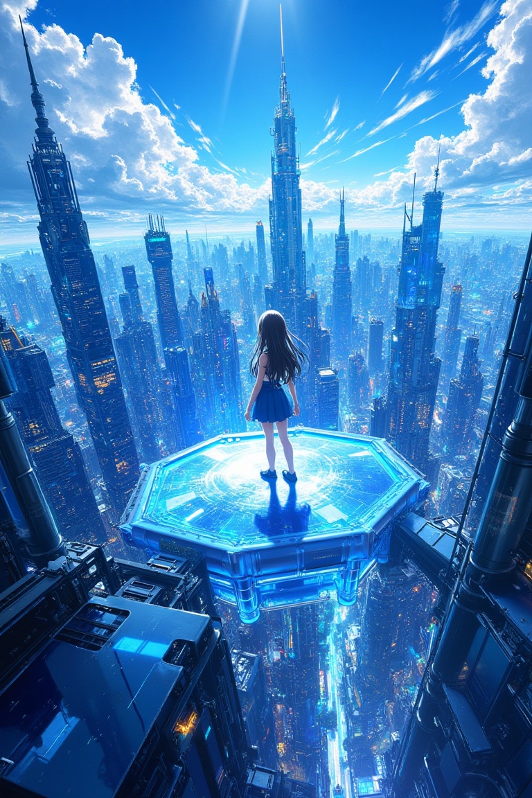 skyline_view_style,  anime girl standing confidently on a large floating glass platform above the city,  surrounded by tal...