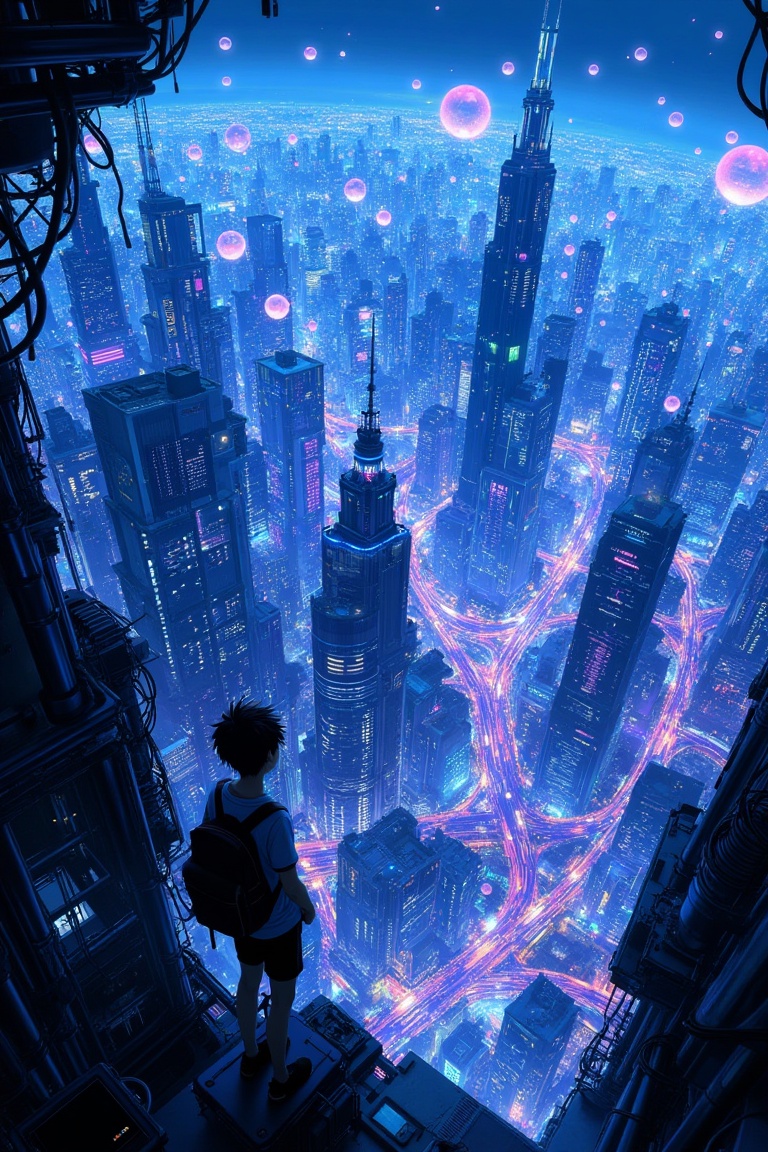 skyline_view_style,  anime boy with backpack standing at the edge of a rooftop,  gazing down at a neon-lit sci-fi city at...