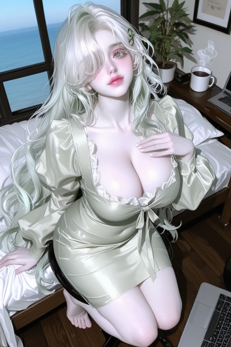 A woman with very long hair,  big eyes,  Jade green eyes on Tensor.Art