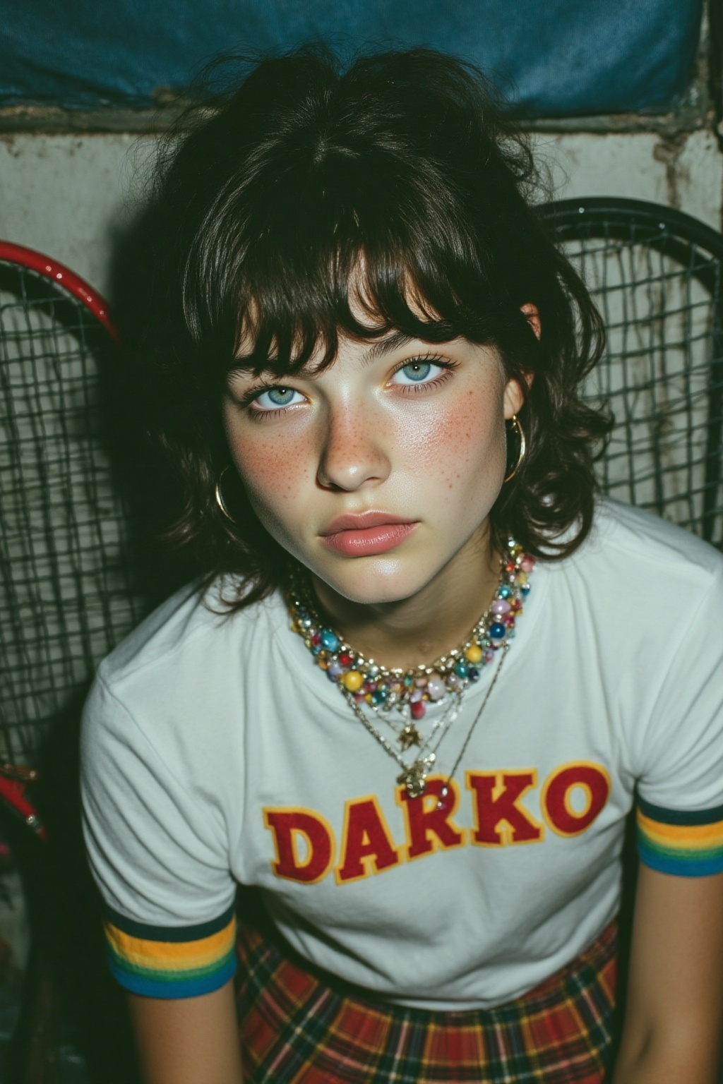 midjourney analog photograph. Shot from above,  close-up of a Slavic teenager with short,  dark wavy hair and blue eyes is...