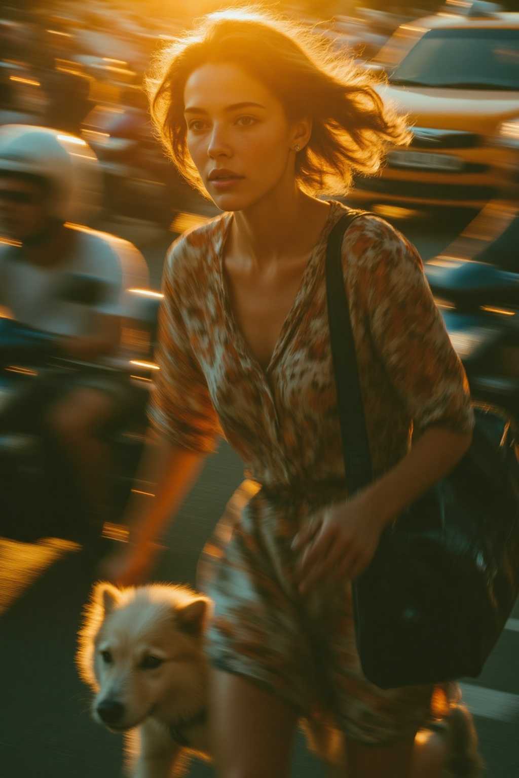 midjourney analog photograph. A young French woman,  shown in 3/4 view,  running in a busy urban environment at golden hou...