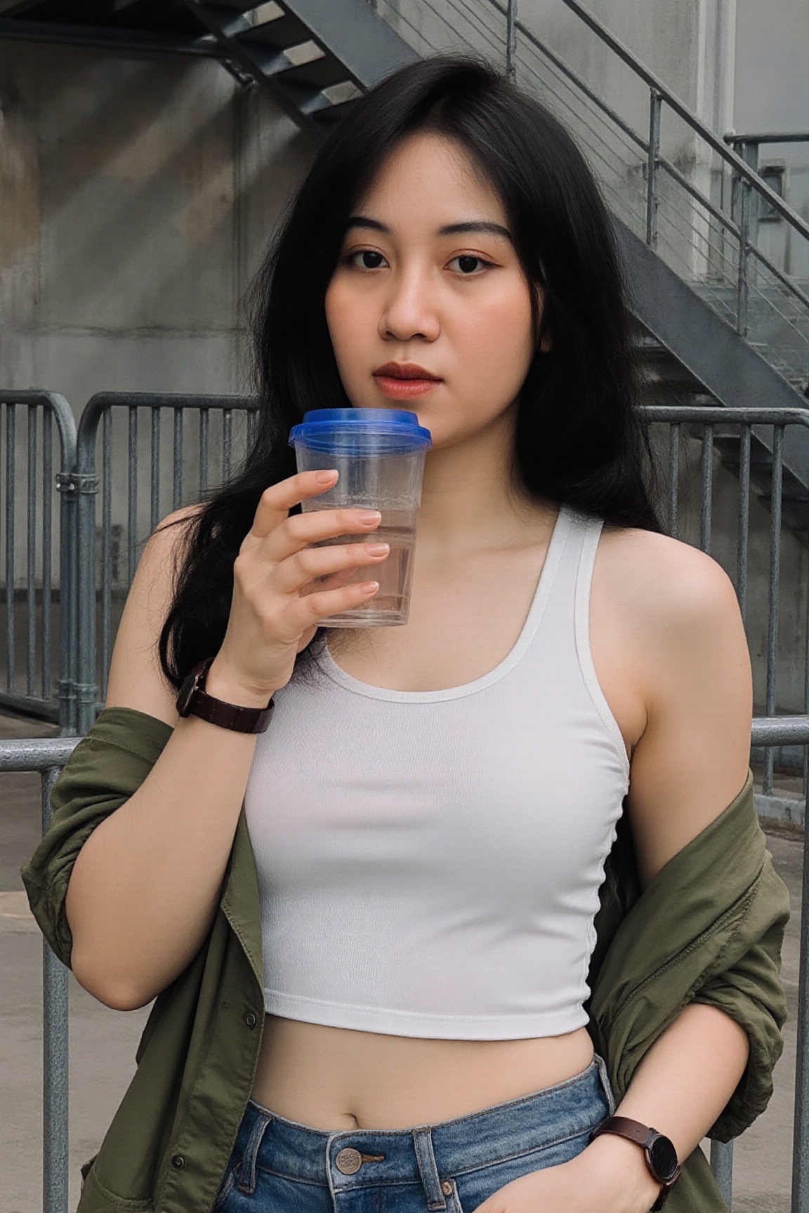 The image shows a woman standing outdoors,  holding a transparent cup with a blue lid,  which appears to be a beverage. Th...