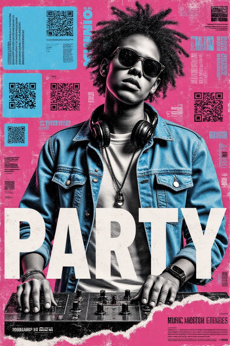 Gritty urban music night poster featuring a high-contrast male DJ in casual wear,  dynamic party pose,  surrounded by ripp...