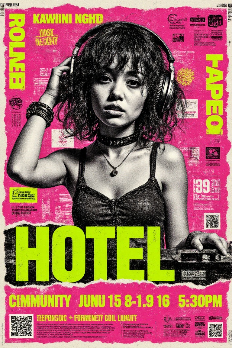 Gritty urban music night poster featuring a high-contrast cute kawaii Japanese girl in dynamic DJ pose,  set against a rip...