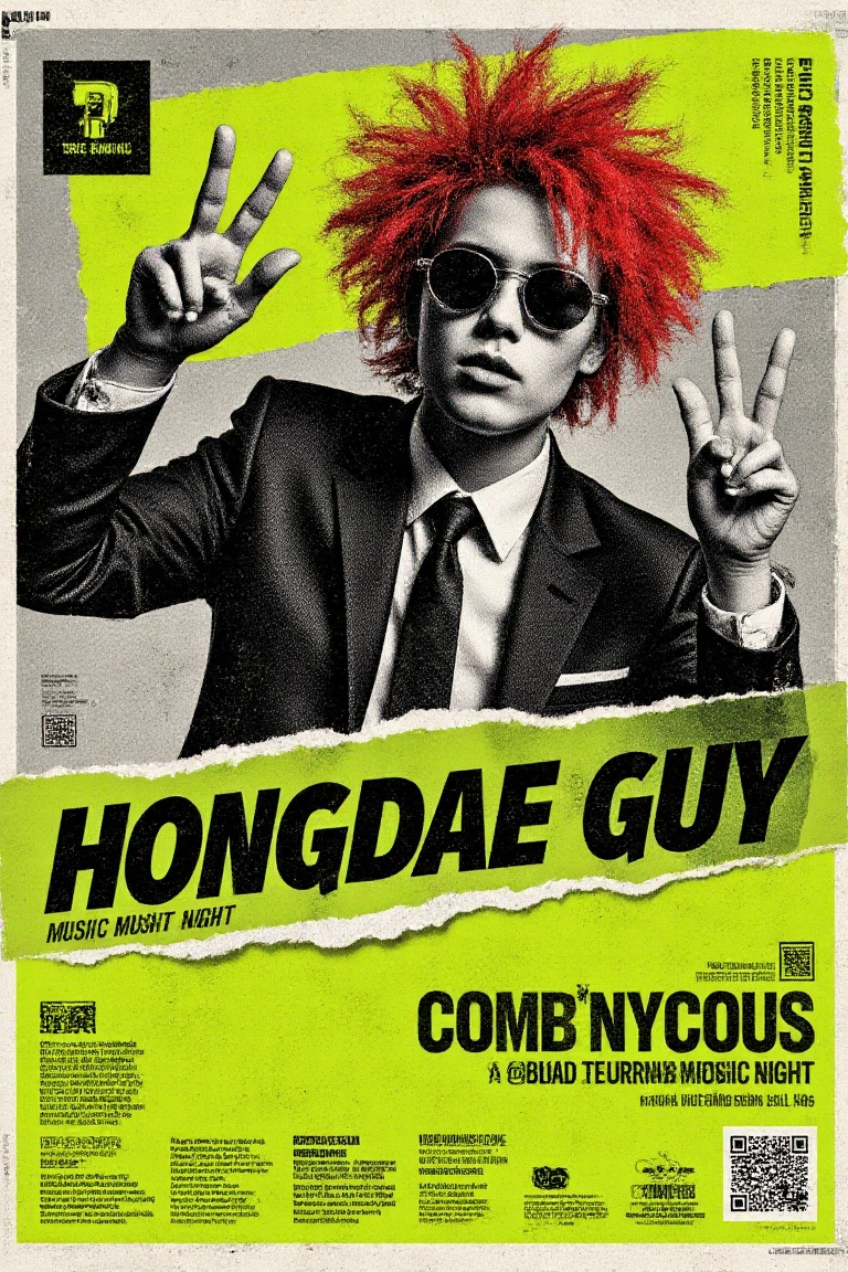 Gritty urban music night poster featuring a high-contrast Korean man with red hair,  wearing an office suit in dynamic DJ...