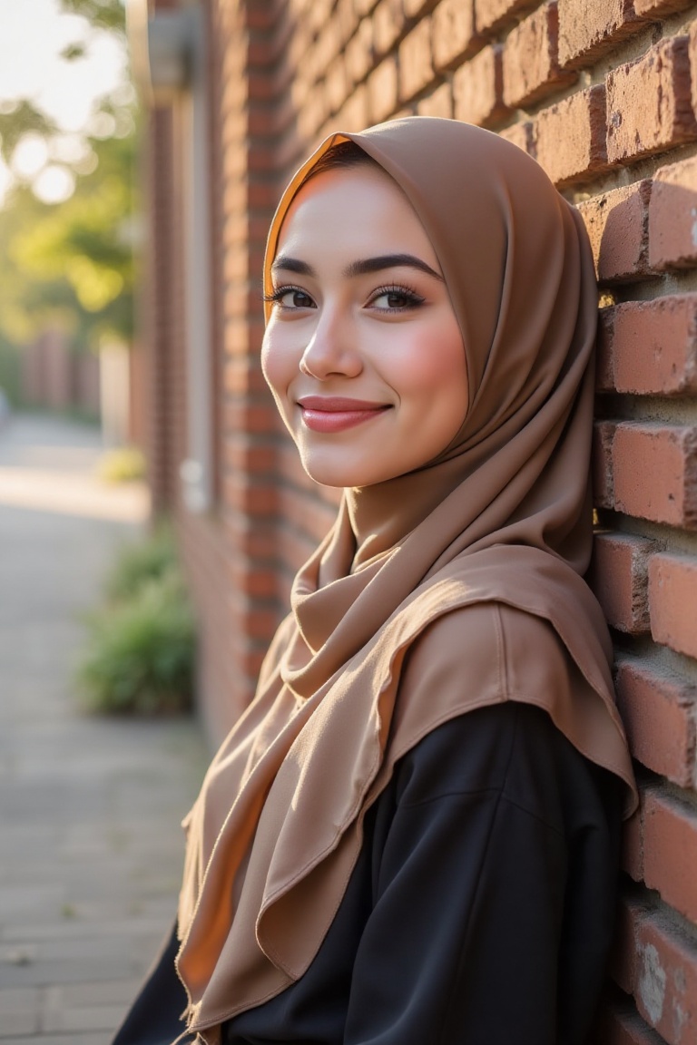 Sun-filtered natural photo,  ******* style,  of a beautiful Malay woman in hijab leaning against a brick wall on Tensor.Art