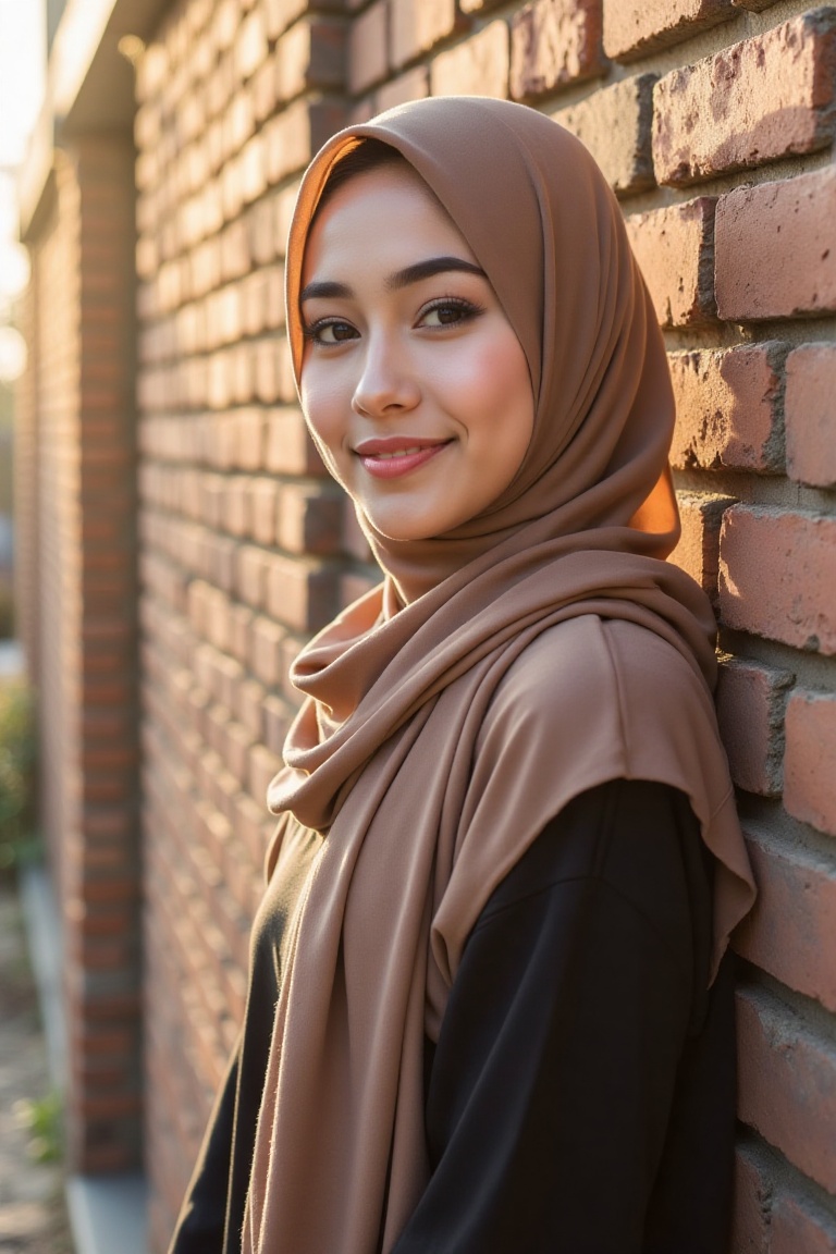 Sun-filtered natural photo,  ******* style,  of a beautiful Malay woman in hijab leaning against a brick wall on Tensor.Art