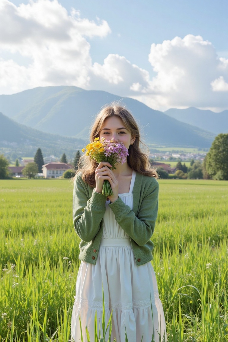 Sun-filtered natural photo,  ******* style,  of a girl in a white dress and green cardigan standing in a lush green field...