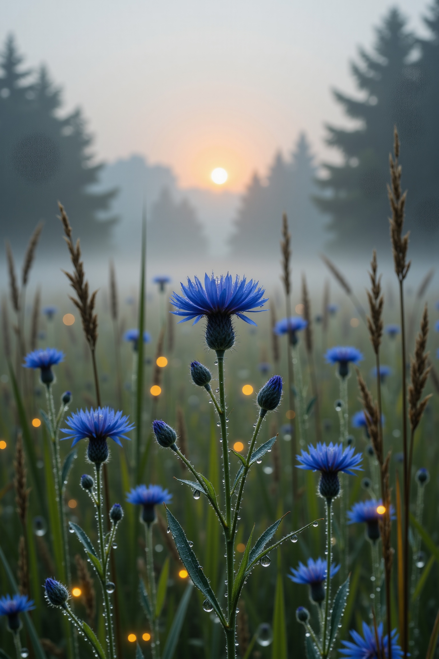 A thick fog envelops a quiet field at dawn,  illuminated by the soft rays of the sun breaking through it. Blue cornflowers...