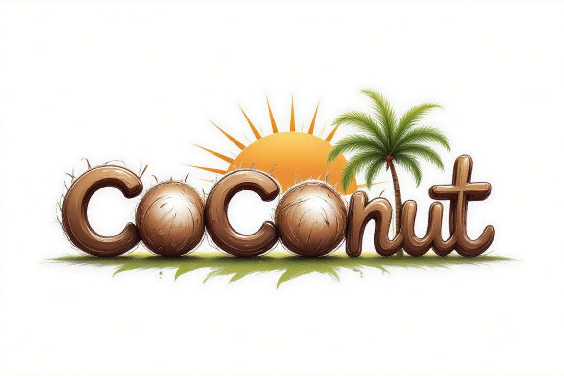 The image shows a stylized logo with the word "coconut" written in a creative manner. The word consists of coconut halves,...