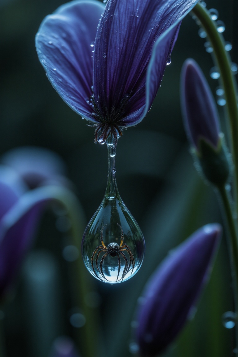 Macro photography,  solo,  one large drop hanging from a petal on Tensor.Art