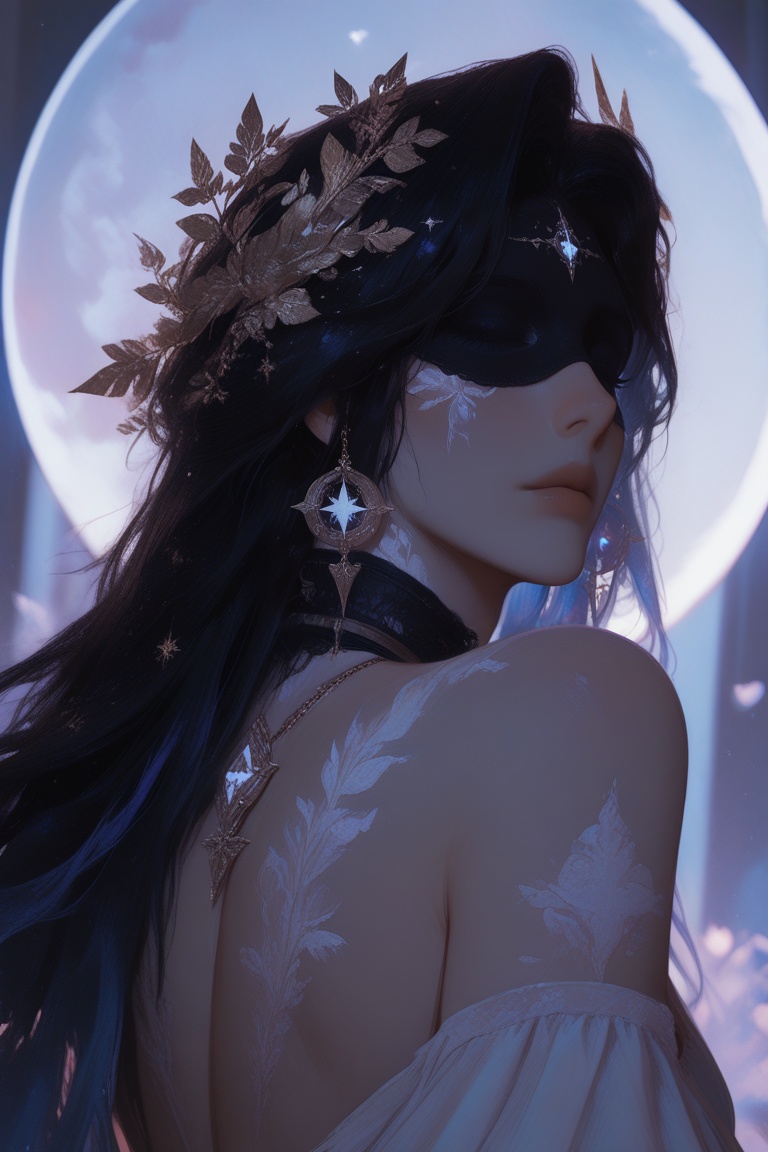 A stylized portrait of a mystical woman,  reminiscent of a fantasy or allegorical illustration. She has long,  dark hair c...