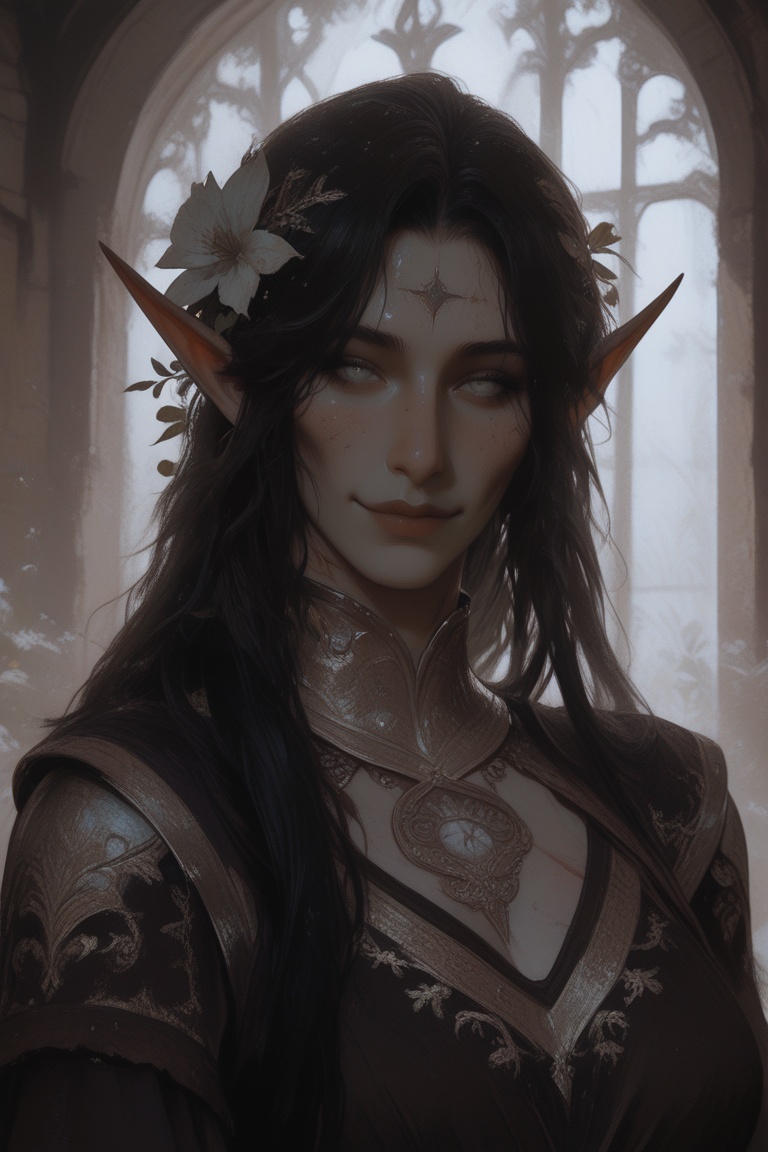 Dark Fantasy elf woman with long black hair,  light gray eyes and tan skin in a dungeons and dragons setting. She is a med...