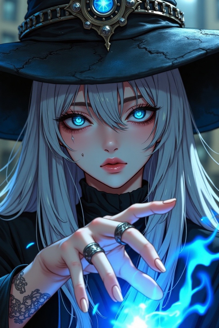A highly detailed semi-realism anime-style portrait of a mysterious young mage,  captured in an intense close-up. She has...