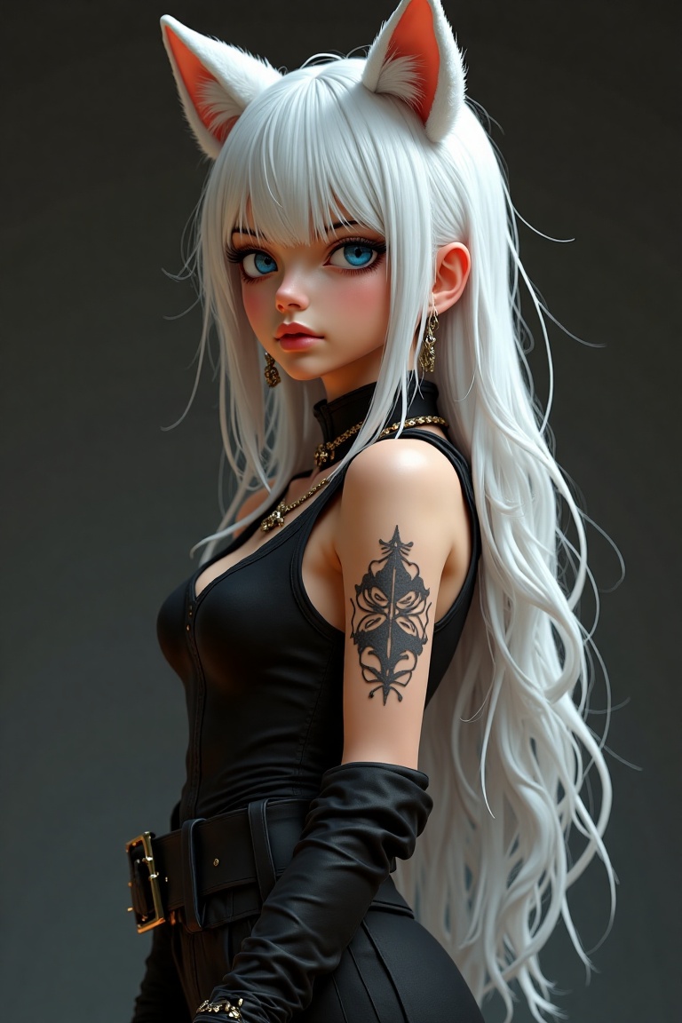 Stunning masterpiece of digital art! In the cowboy shot,  a girl stands confidently,  her blue eyes looking directly at th...
