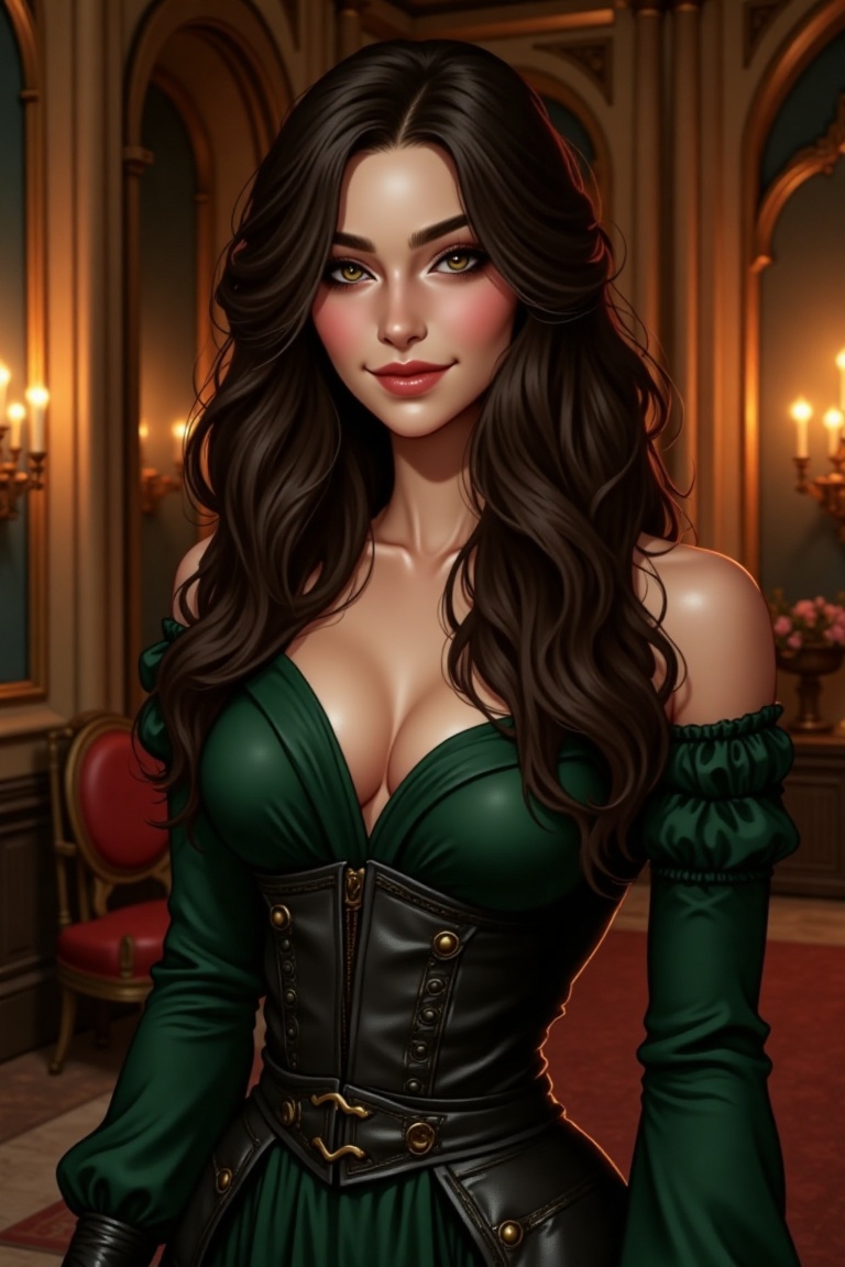 (Medieval Fantasy Setting) Natalie is in her thirties and is a breathtaking looking girl,  with wavy dark brown hair,  bri...