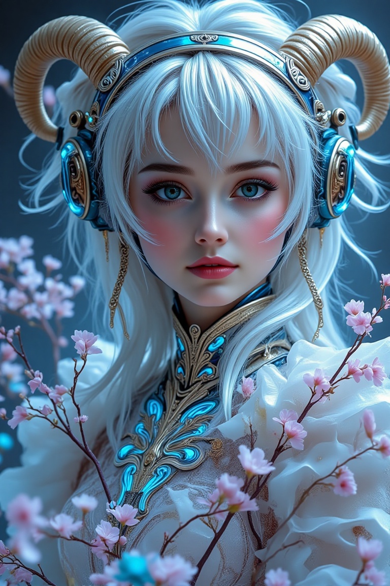 A masterpiece,  best quality image of a Chinese-style warrior with a frail Goat girl. She has goat horns and white twin ta...