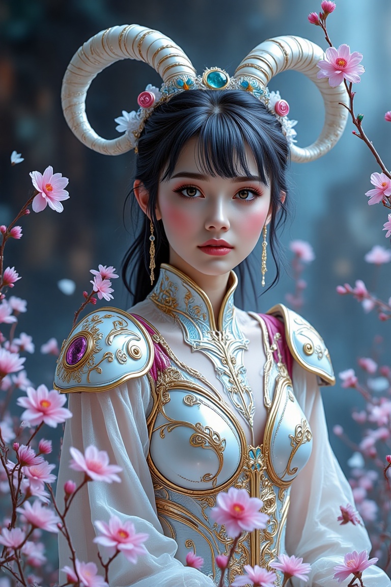 A masterpiece,  best quality image of a Chinese Zodiac warrior. A frail Goat girl with goat horns and white twin tails,  s...