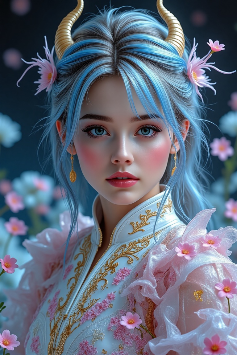 A masterpiece in best quality,  showcasing a Chinese-style warrior with a frail Goat girl's torso shot. She has goat horns...