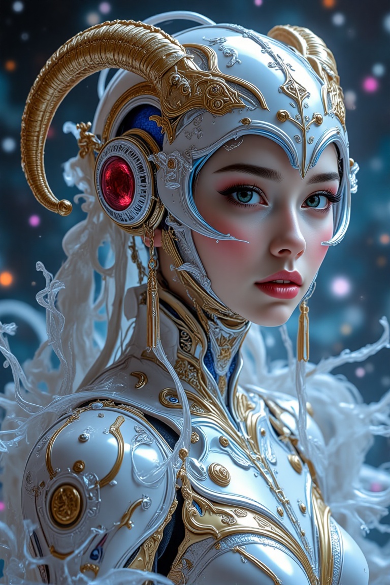 A masterpiece in best quality,  showcasing a Chinese-style warrior with a frail Goat girl's torso shot. She has goat horns...