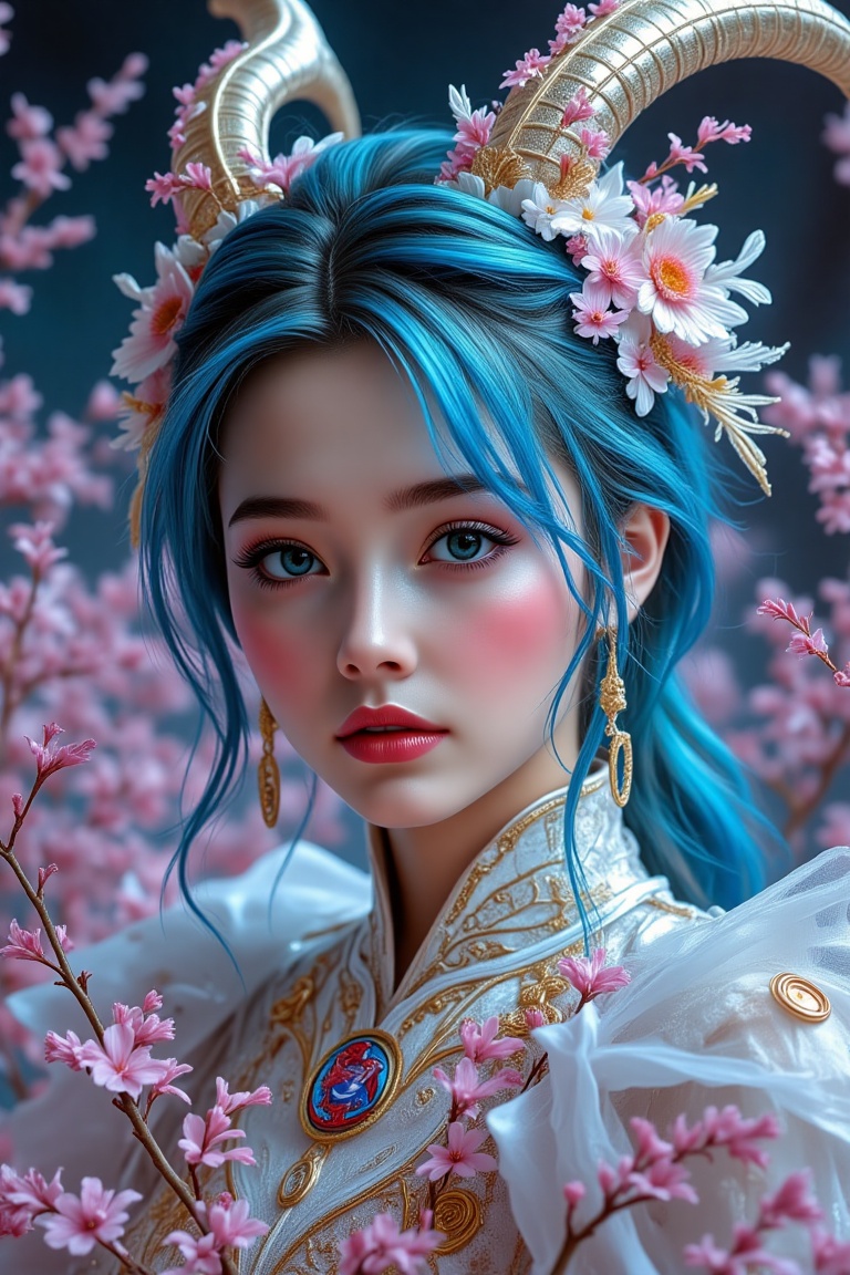 A masterpiece in best quality,  showcasing a Chinese-style warrior with a frail Goat girl's torso shot. She has goat horns...