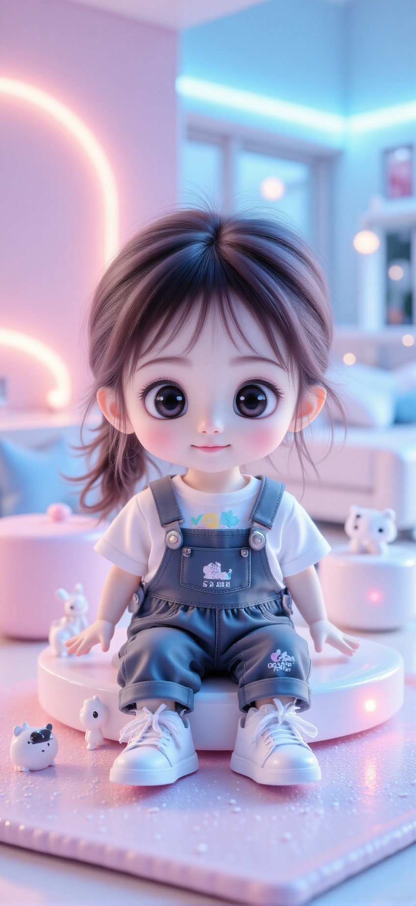 A baby doll-like young girl,  likely Asian,  is depicted in a highly detailed digital painting style. She has long brown h...