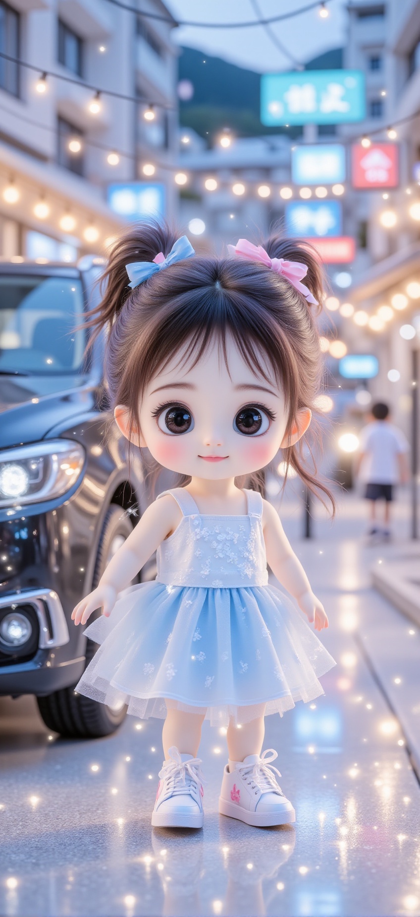 A baby doll-like young girl,  likely Asian,  is depicted in a highly detailed digital painting style. She has long on Tens...