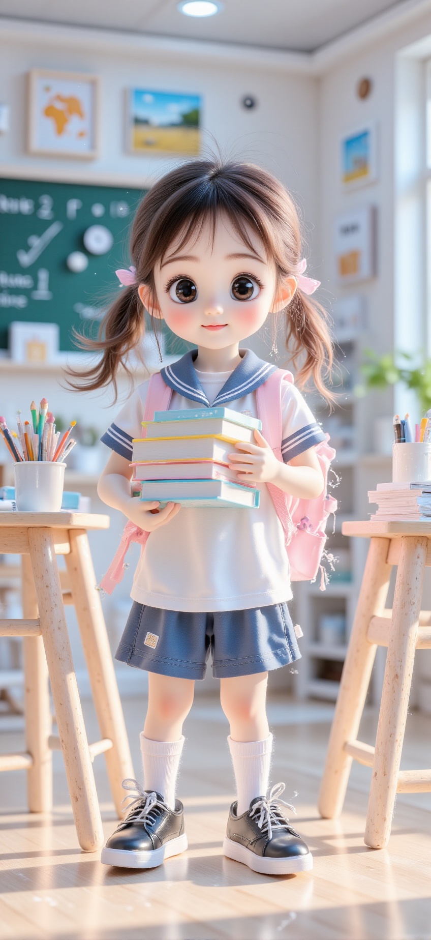 A baby doll-like young girl,  likely Asian,  is depicted in a highly detailed digital painting style. She has long on Tens...