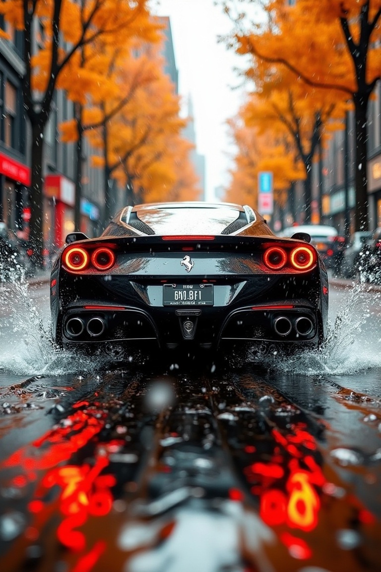 urban_racer_fx,  a black Ferrari speeding through wet downtown streets,  water splashing everywhere on Tensor.Art