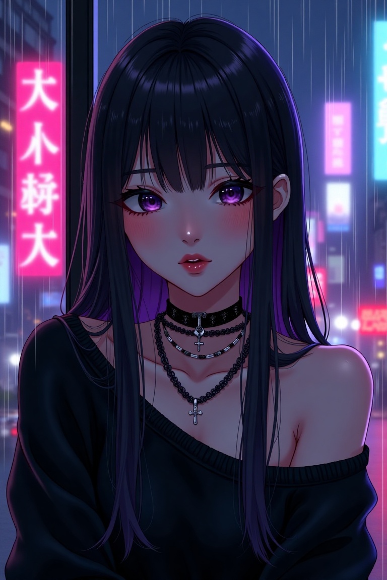 A semi-realism anime-style digital portrait of a melancholic young woman sitting by a rain-covered window at night. Her lo...