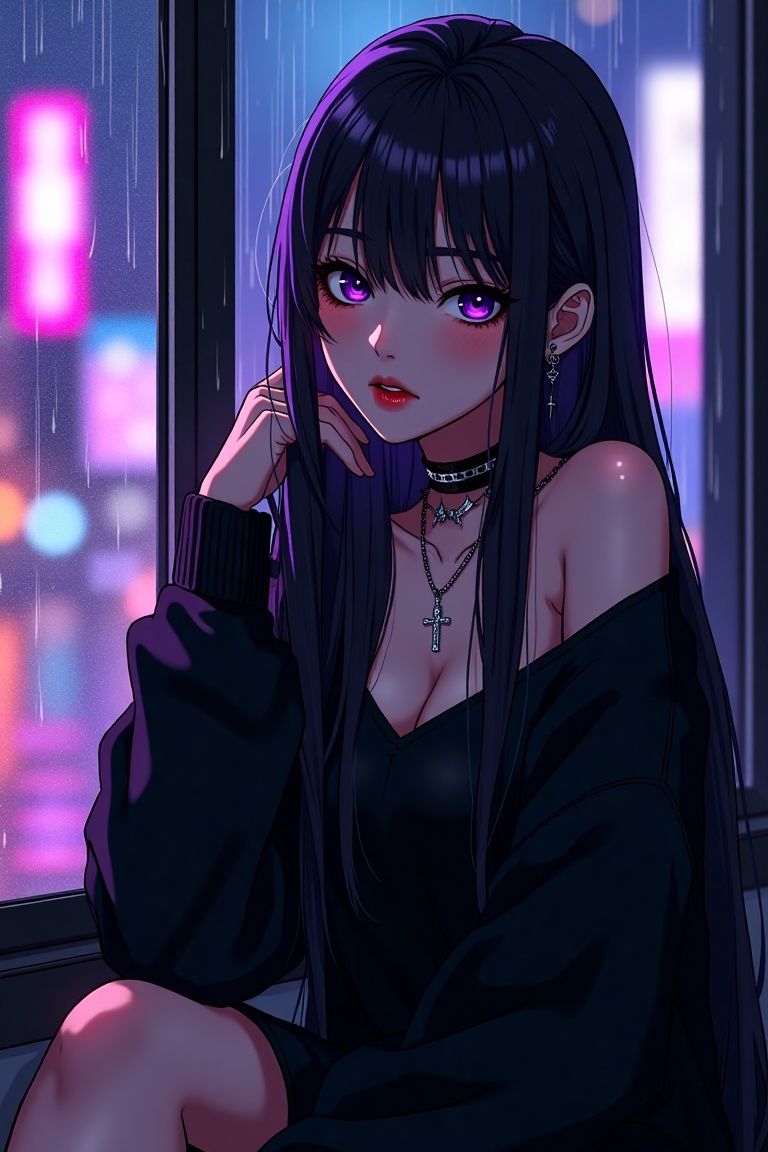 A semi-realism anime-style digital portrait of a melancholic young woman sitting by a rain-covered window at night. Her lo...