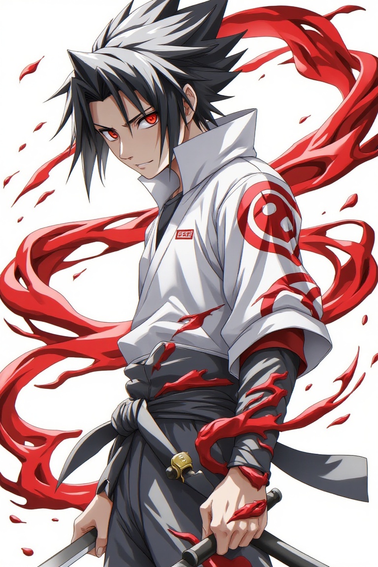 urban_sasuke_katana,  calm anime ninja boy with red blood-like magical seals swirling around his back and arms,  glowing c...