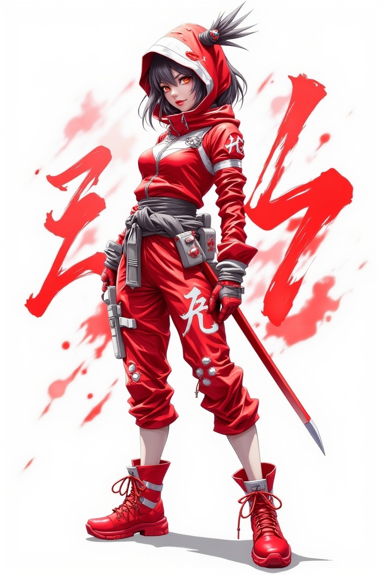 urban_sakura,  fierce anime ninja girl with red blood-like magical seals on her arms and legs,  glowing calligraphy in cur...