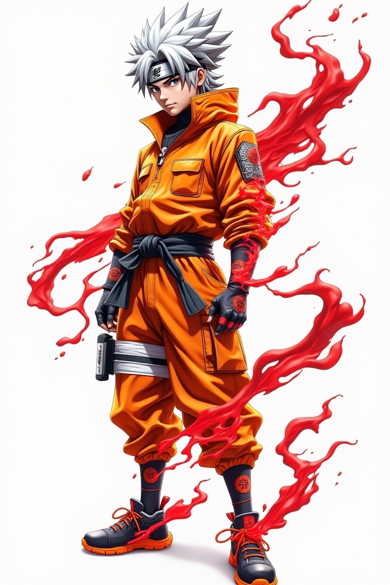 urban_naruto,  anime ninja boy in futuristic orange-black outfit,  glowing red magical symbols on arms and legs on Tensor.Art