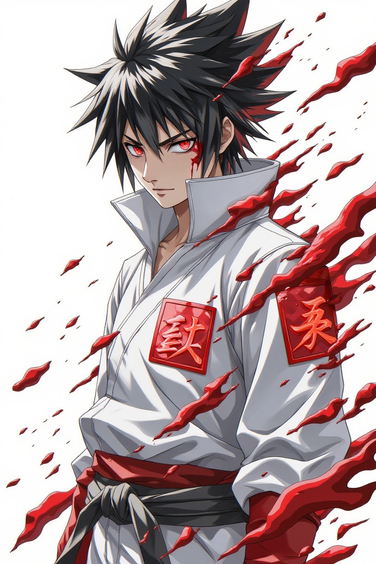 urban_sasuke_fragment,  intense anime ninja boy with red blood-like magical seals on his chest and shoulders,  glowing cal...